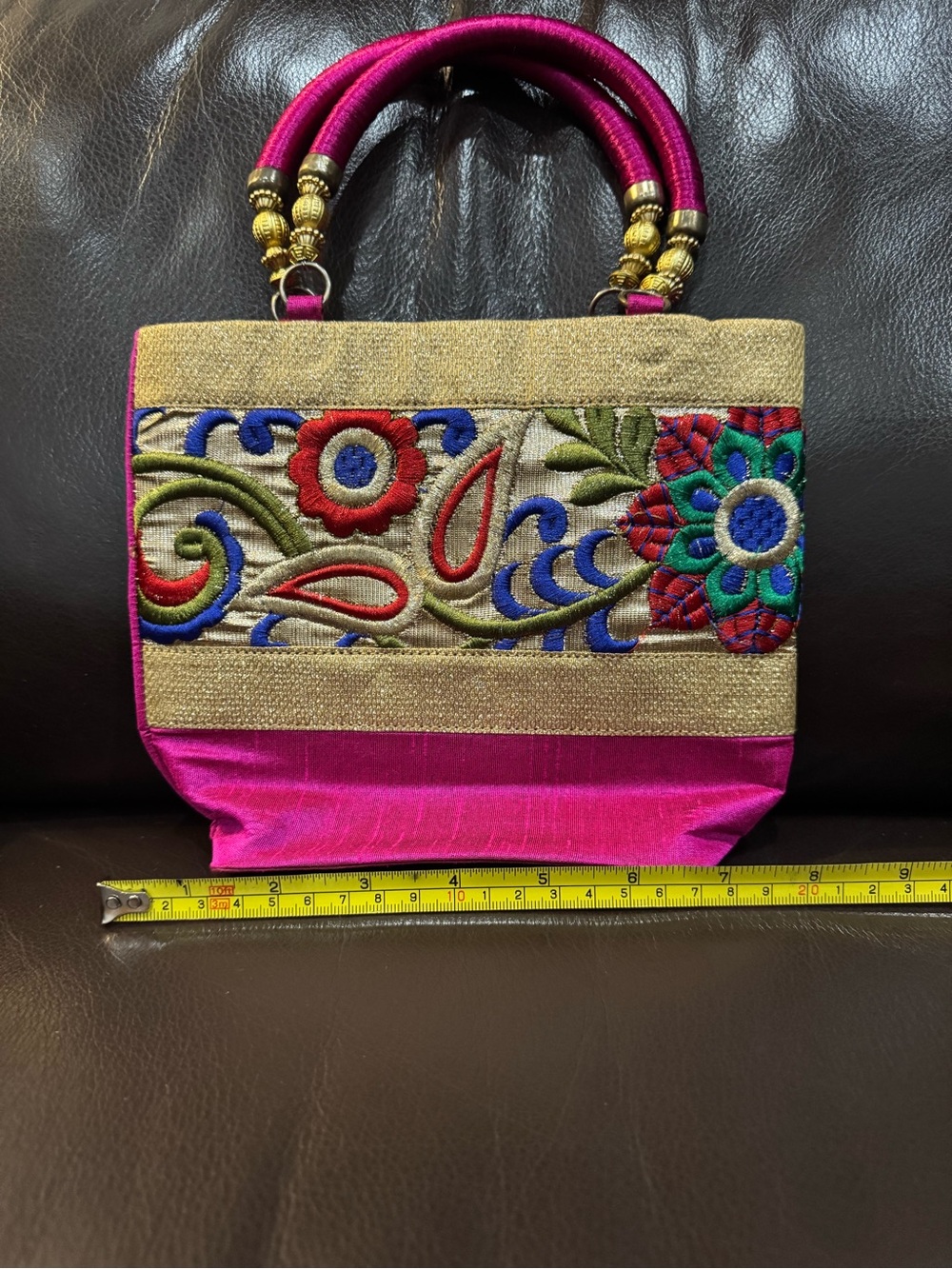 Vintage coaquette/ regency Hot Pink Embroidered Tote with Gold Beaded Handles